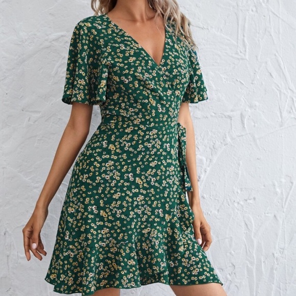 Boho floral print v neck wrap ruffle hem dress - Picture 4 of 4